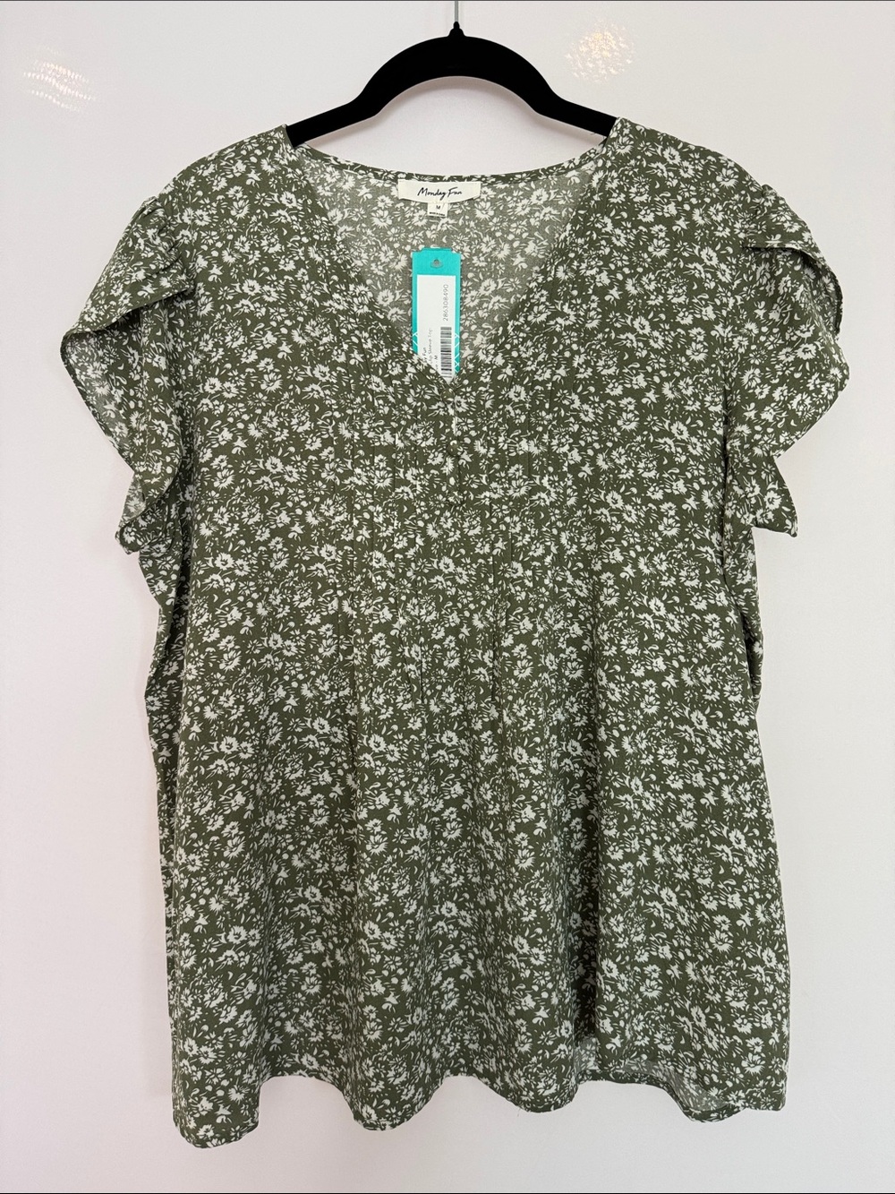 Monday Fun Sue Olive Green Floral Tulip Sleeve Blouse